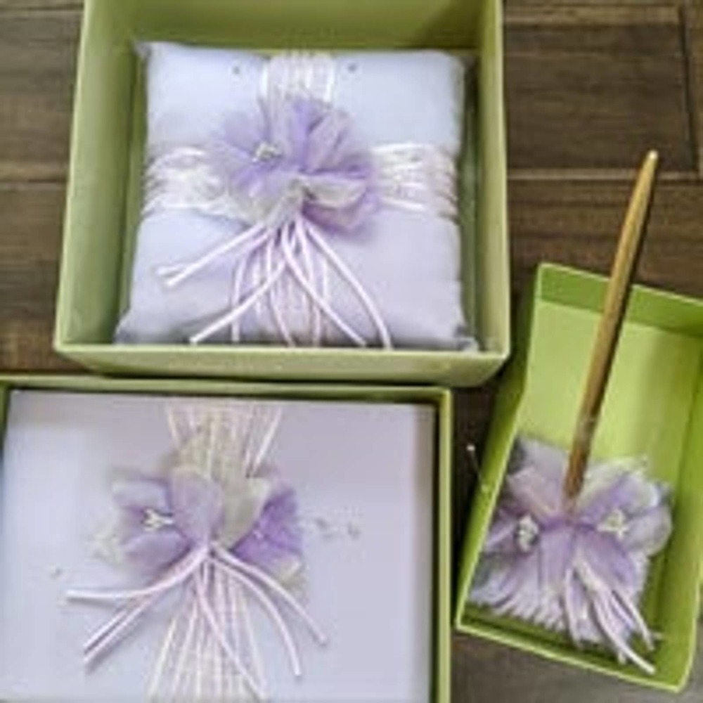 New darice wedding guest book pen ring pillow Lilac purple flower floral